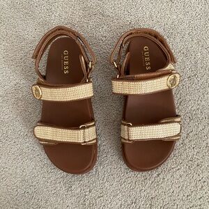 GUESS Brown Leather Sandals with Cream Woven Straps